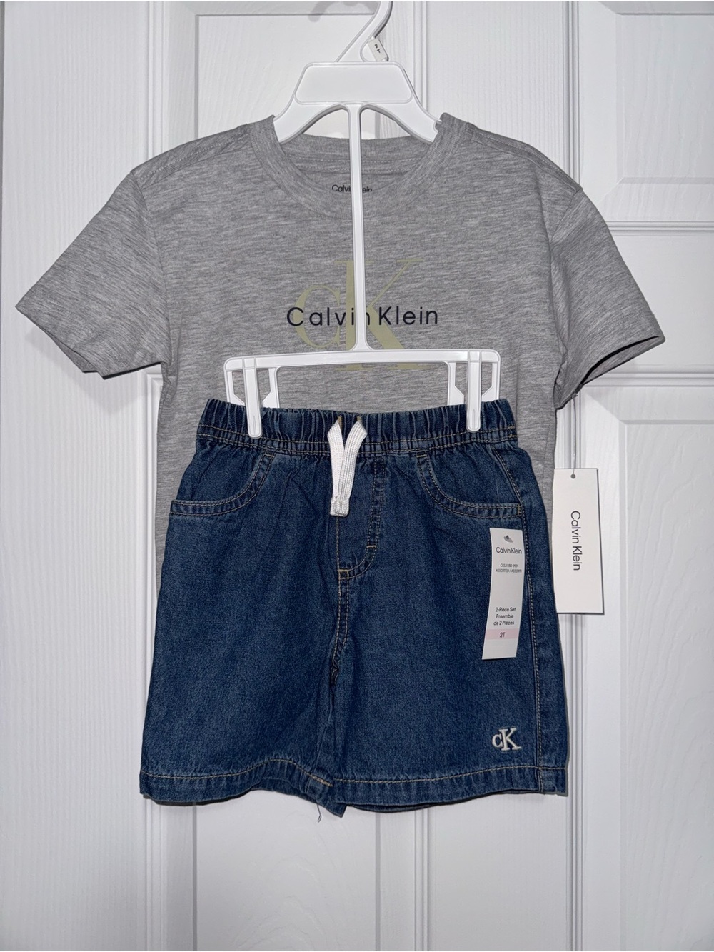 Calvin Klein Kids Gray Logo Tee and Blue Denim Shorts Set